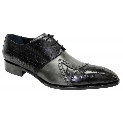 Duca Di Matiste "Valentano" Black/Grey Genuine Italian Calf Leather Crocodile Print Lace-Up Dress Shoes.